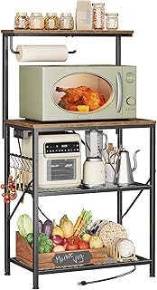 Huuger 4-Tier Bakers Rack with Reversible Power Outlet, 23.6 Inch Microwave Stand, Kitchen Coffee Bar, with Top Shelf, 6 S Hooks, Rustic Brown