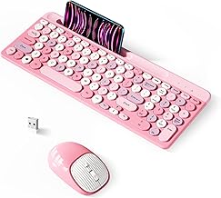 Retro Wireless Keyboard with Round Keycaps, 2.4GHz Full-Size USB Cute Wireless Keyboard Mouse for Computer, Desktop, Laptop and Computer (Pink-Colorful)