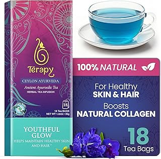 Térapy Ceylon Youthful Glow Tea, Ayurvedic Herbal Blend Beauty Tea with Blue Butterfly Pea & Gotu Kola for Healthy Skin & Hair, Collagen Support for Radiant Glow, 18 Bags