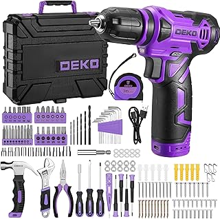 151PC DEKO Household Tool Set with 12V Cordless Drill Driver, Home Repair Kit Includes Hammer, Adjustable Wrench, Pliers, Screwdrivers & Drill Bits, Purple Case