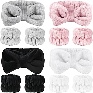 SLNZAPTY 12 PCS Face Wash Headband Wristband Set for Women Girls, Soft Microfiber Facial Spa Hair Wraps Makeup Skincare Bath Headbands Wrist Bands for Washing Face（White, Pink, Gray, Black）