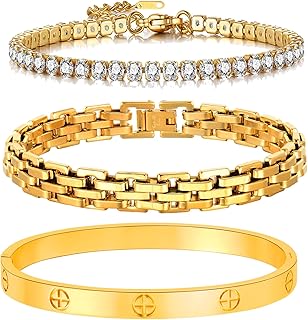 18K Gold Plated Love Bangle Bracelet Set Cubic Zirconia Classic Stainless Steel Watch Band Chains Wristband Gold Tennis Bracelets Stack for women