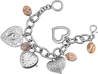 Heart Charm Bracelet Watch: Women's Vintage Jewelry Watches Silver Chain with Natural Stone Pendants and Heart-Shaped Dial Analog Quartz Wristwatch for Mother Lover and Ladies