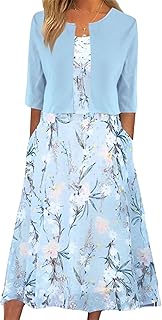 Womens 2 Piece Set Fashion Fresh Plant Print Midi Dress V-Neck Half Sleeve with Jacket A-line Dresses Lounge Outfits
