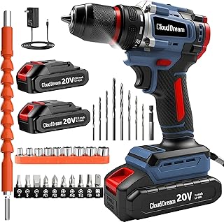 CloudDream Cordless Drill Set,Electric Power Drill with 2 Battery,60N.m,21+1 Torque,2 Variable Speed,30pcs Acessories,Built-in LED,Kit for Home