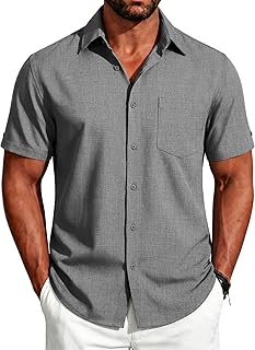 Men's Button Down Shirts Short Sleeve Casual Shirts Summer Beach Linen Shirts with Pocket