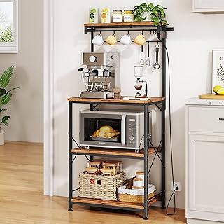SNTD Bakers Rack with Power Outlet, Kitchen Shelves Microwave Stand with Wire Grid and 10 Hooks, 4 Tiers Coffee Stand (Rustic Brown, 21.7 x 14.2 x 49.6 Inches)
