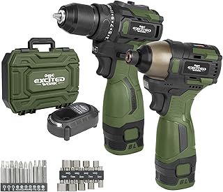 17V Brushless Screwdriver Drill Set, 140Nm Cordless Impact Driver & 55Nm Electric Drill with 3 Adjustable Speed, 2 Batteries and Led Work Light