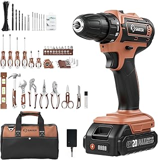 Saker 20V Tool Set with Drill, General Home Hand Tool Kit with 14-Inch Storage Bag, Tool Set with 20V Cordless Drill for DIY Projects, Home Repairs, Handyman, Mocha Brown