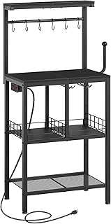 YATINEY Bakers Rack with Power Outlet, Microwave Stand with Paper Holder, Coffee Bar Table with Wine Glass Holder, 4-Tier Kitchen Storage Rack for Dining Room, Living Room, Black HB02UBB