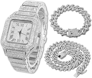 Square Dial Diamonds Gold Watch Iced Out, Men's 18k Real Gold/Platinum White Gold Plated Quartz Wristband 9.5", with Cuban Link Necklace Bracelet Set Options, Free Giftbox