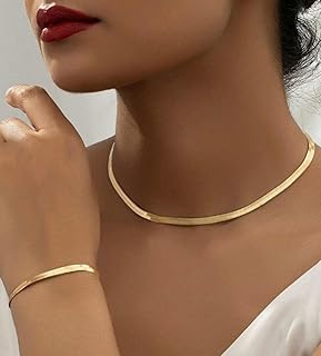 Necklace Bracelet Set for Women, Gold Plated Necklaces Bracelet, Fashion Herringbone Choker Necklace, Stainless Steel Flat Snake Chain