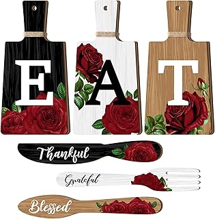 6 Pcs Kitchen Wall Decor Cutting Board Eat Sign Farmhouse Red Rose Wooden Kitchen Knife Fork Spoon with Thankful Grateful Blessed Hanging Decoration Rustic Wall Art for Home Dining Living Room Wedding