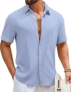 Mens Short Sleeve Casual Shirts Button Down Striped Summer Shirts Textured Vacation Beach Shirt