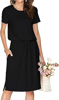 Women Summer Midi Knee Casual Dress Pocket Hide Belly Short Sleeve Spring Work Travel Teacher Outfit