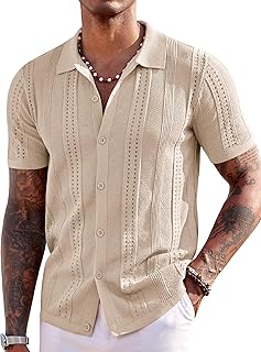 Men's Knit Shirts Short Sleeve Button Down Polo Shirt Fashion Casual Summer Beach Shirts