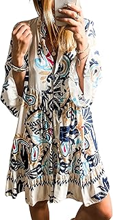 Womens Long Sleeve Dresses Casual V Neck Tribal Print Button Flowy Boho Mini Beach Dress
