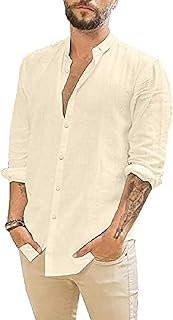 Mens Casual Long Sleeve Cotton Linen Shirts Button Down Solid Plain Roll-Up Sleeve Summer Beach Shirts