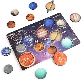 Solar System Wooden Puzzle Toys for Kids 3-5, Toddler Outer Space Montessori Planet Toys Gifts for Girls & Boys, Preschool Solar System Learning Planet Wood Puzzle Board Sensory STEM Game