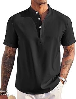 Men's Linen Henley Shirt Short Sleeve Casual Summer Beach Hippie T Shirts