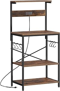 SUPERJARE Kitchen Bakers Rack with Power Outlet, Coffee Bar Table 4 Tiers, Kitchen Microwave Stand with 6 S-shaped Hooks, Storage Shelf Rack for Spices, Pots and Pans - Rustic Brown