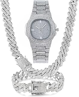 3PC Watch + Necklace +Bracelet Jewelry Set Mens Fully Iced Diamond Watch with Cuban Link Chain Bling-ed Out Nugget Band 14k Gold or Silver Finish Watch Sets