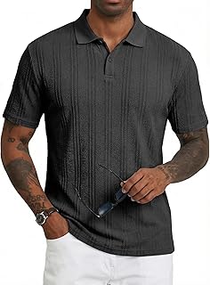 Mens Polo Shirt Textured Short Sleeve Summer Button Collar Knitted Golf Polos