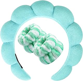 Zkptops Spa Headband for Washing Face Wristband Set Sponge Makeup Skincare Headband Terry Cloth Bubble Soft Get Ready Hairband for Women Puffy Padded Headwear Non Slip Thick Hair Accessory(Turquoise)